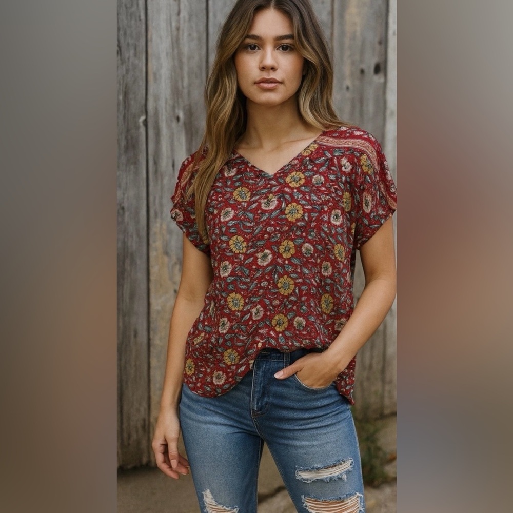 Anthropologie Tiny Red Floral Blouse Gray Two Sided Boho Chic Peasant Medium
